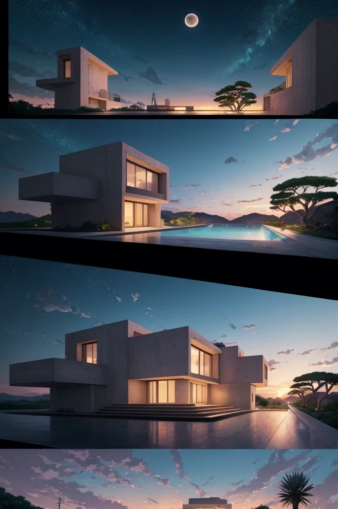 anime (best-quality:0.8), (best-quality:0.8), perfect anime illustration, we've been trying to reach you about your cars extended warranty, An illustration in collage style, with giant boulders, brutalist building sections, terraces, stairs, cacti, agave, concrete texture, multiple geometric shapes, hatch and cross hatching, planet saturn, volcano, moon, Luis Barragán's architectural style build, milky way galaxy, violet, one motorcycle, An illustration in collage style, with giant boulders, brutalist building sections, stairs, cacti, agave, concrete texture, multiple geometric shapes, hatch and cross hatching, planet saturn, volcano, moon, Luis Barragán's architectural style build, reflective pool, terraces. An elegant and modern build, in top of big boulders, with terraces, materials concrete, wood, steel and crystal, various gardens with tropical vegetation, cacti and rocks, stairs, a pool. In middle of sea, a big wave near, sunset, mountains and a volcano in the horizont, cute islands around, illustration format, cute color palette, detailed, masterpiece, award-winning work A 1999 Nissan GTR in Tron form r34 horizonte Lamborghini under a pink and purple sky, an anime drawing by Makoto Shinkai, trending on pixiv, magical realism, beautiful anime scene, cosmic skies. by makoto shinkai, ( ( makoto shinkai ) ), by makoto shinkai, anime background art, style of makoto shinkai