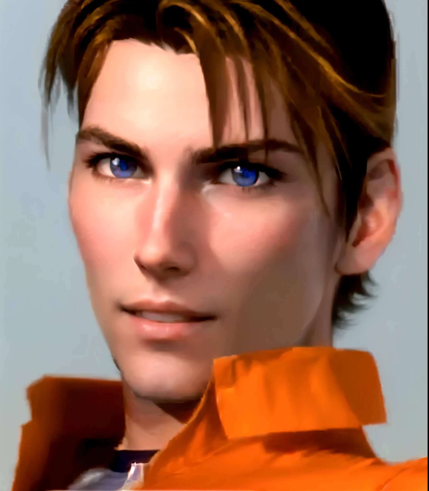 he's Italian, brown hair, deep blue eyes, (eyes turned to look at the camera), italian, as a character in Out Run 2, of SEGA, 3D CG from the 2000s, Alberto, 2k, 2 k, ((curious, happy face)), gray background, realistic, render of april, fighting game character, from tekken, bright clean face, from devil may cry, orange shirt, wide open curious eyes, cool pose
