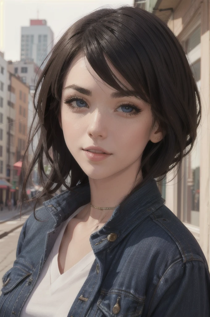 looking at viewer, (portrait, close up:1.2), parted lips,
emilygreyodd, 1girl, lips, black hair, blue eyes, makeup, black choker, jewelry, jean jacket, white shirt, small breasts,
realistic, picturesque, outdoors, backlit, city skyline, depth of field,
