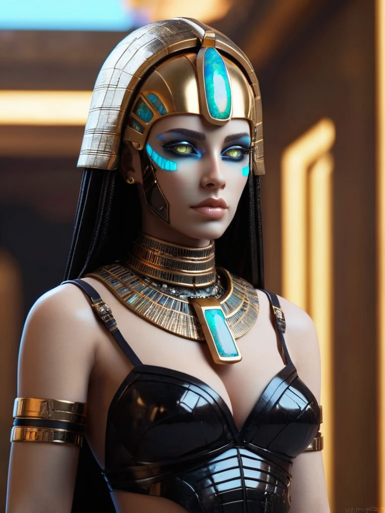 ral-opal, meahophontron, whole body, Woman robot face, futuristic cyberpunk, bust, cleopatra of egypt theme, Egypt background, demonic environment, black clothes, pose frontal