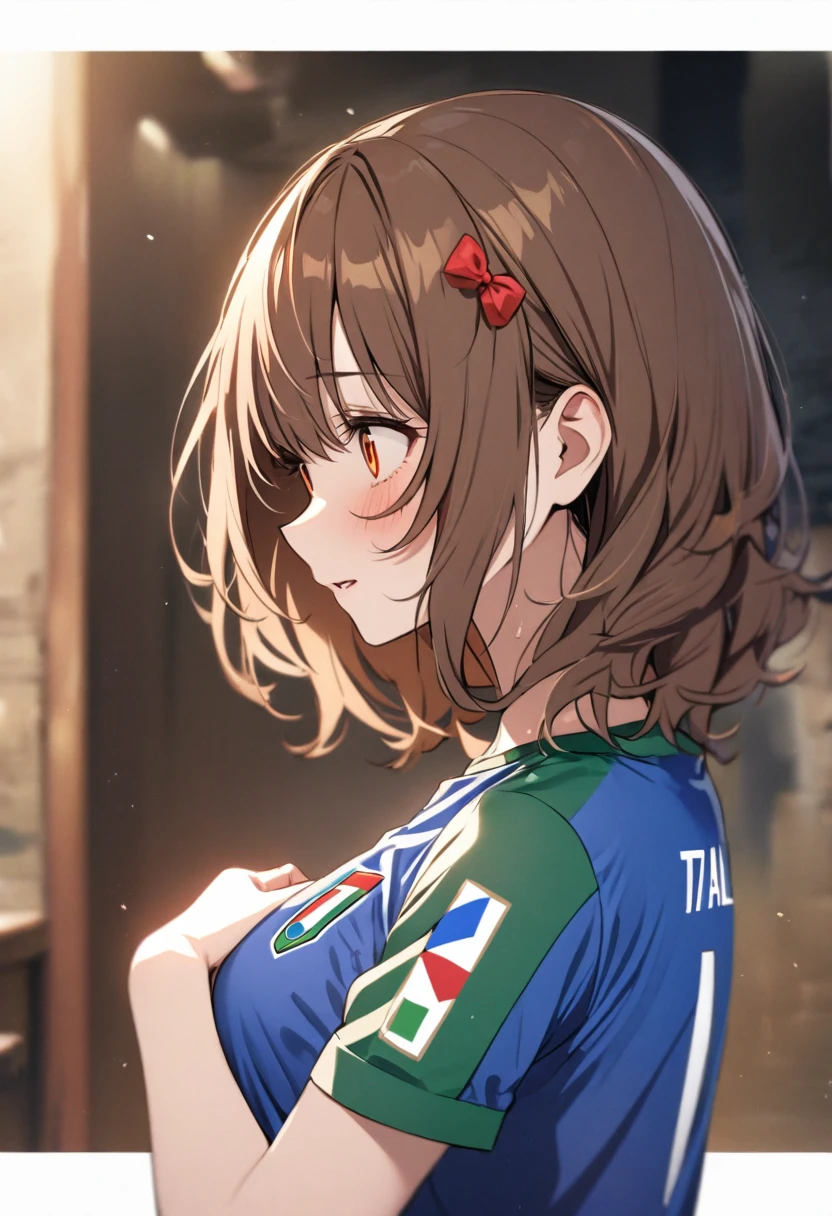 girl, beautiful, brown hair, orange eyes, breasts, italy soccer shirt, blue shirt, red bow on hair, yandere, medium hair, side view