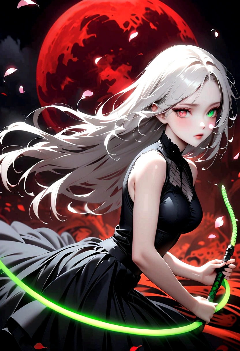 1 Girl, Beautiful and delicate eyes, Heterochromia，Beautiful and delicate lips, Extremely detailed eyes and face, Long eyelashes, Elegant Posture, White long hair, Black pleated skirt, (((Glowing Green Whip, Motion Blur, Petals in the air,))) Blurred foreground, Focus on the face, Japanese anime art style, Powerful energy, Dynamic Action, Red Moon, dark purple tones,