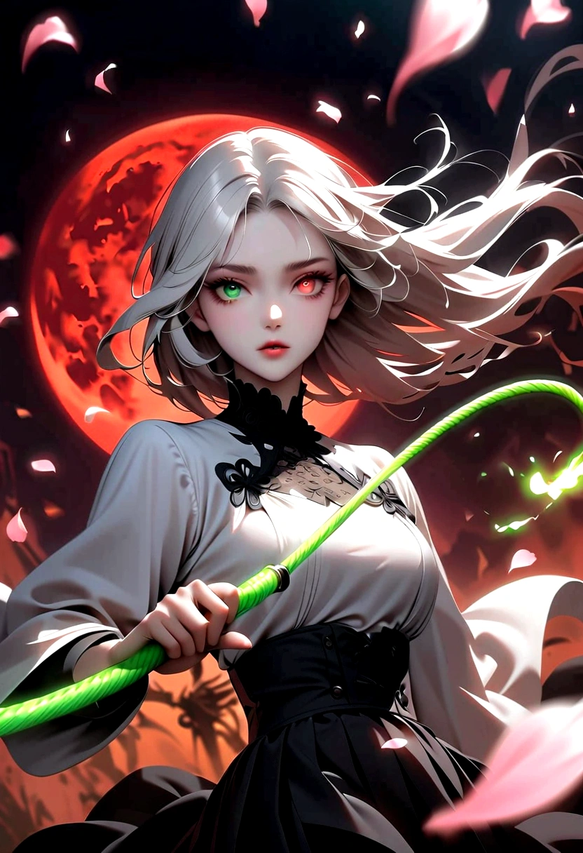 1 Girl, Beautiful and delicate eyes, Heterochromia，Beautiful and delicate lips, Extremely detailed eyes and face, Long eyelashes, Elegant Posture, White long hair, Black pleated skirt, (((Glowing Green Whip, Motion Blur, Petals in the air,))) Blurred foreground, Focus on the face, Japanese anime art style, Powerful energy, Dynamic Action, Red Moon, dark purple tones,