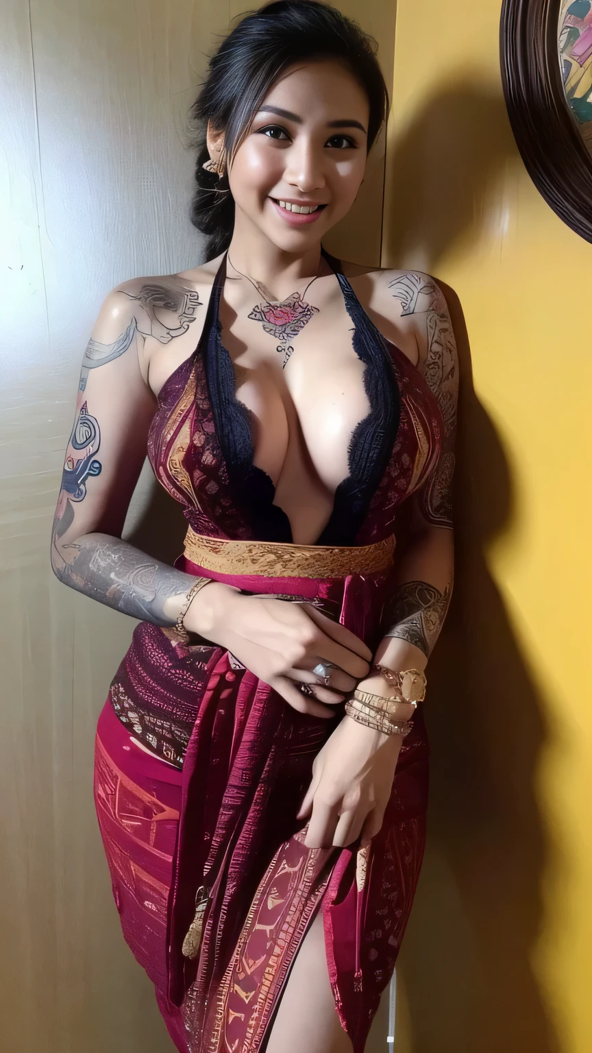 A beauty girl with tattoos on body, beautiful art tattoo detailed, ((text tattoo on body:LOVE)), Wearing kebaya dress, detailed beautiful eyes, big breast, show areola, nipples erected detailed, open legs, dark hairy pussy, vulva vagina detailed, realistic,