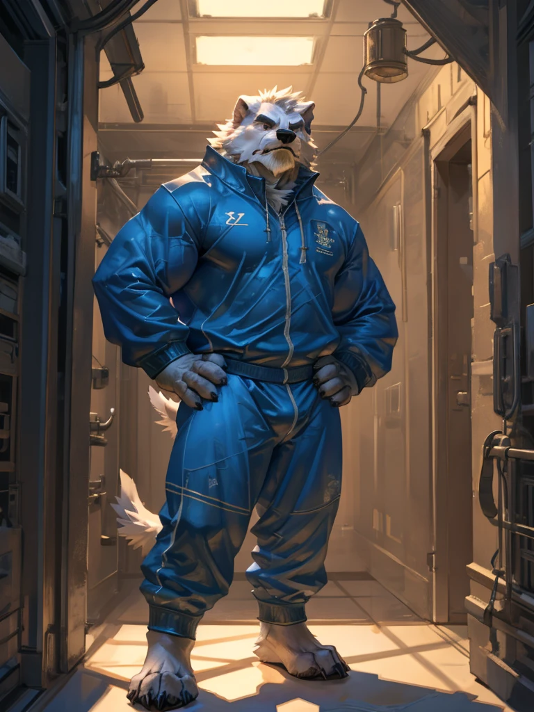 By Taran Fiddler, one man, anthro canine (maltese), adult male, bushy eyebrows, stern facial expression, grumpy, bushy mustache, slightly short stature, dilf, hands on his hips. standing in a hallway, wearing plain blue track suit, leaning against wall, oil rig, inside