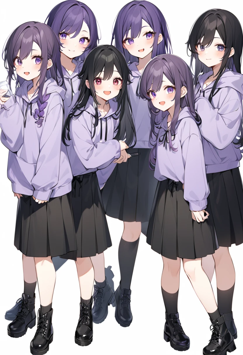 Keito。Purple hoodie。Black Skirt。Purple Eyes。Black Hair。Black shoes下。Black shoes。6 sistery eldest daughter has lavender hair.。all female。Sextuplets