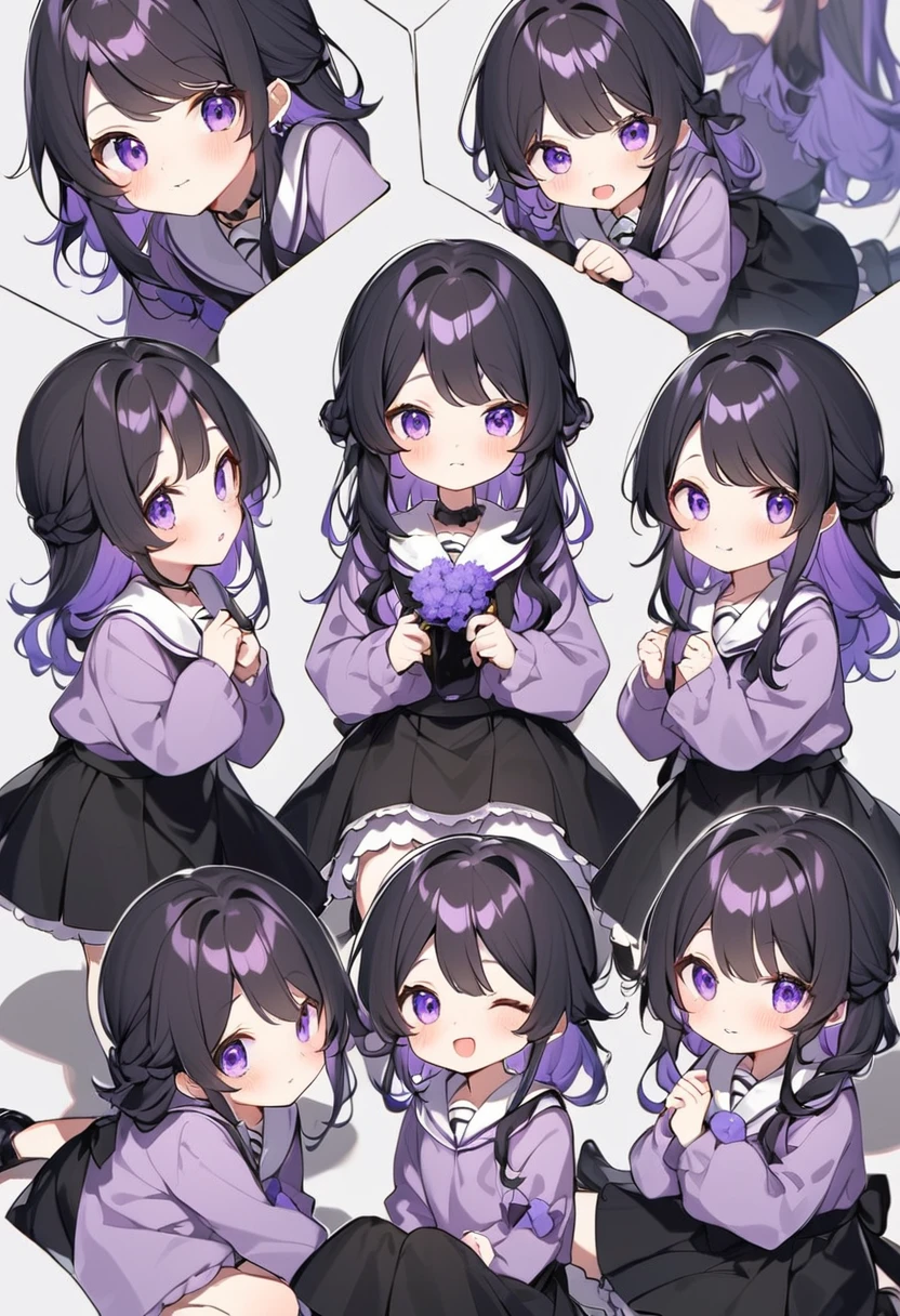 Keito。Purple hoodie。Black Skirt。Purple Eyes。Black Hair。Black shoes下。Black shoes。6 sistery eldest daughter has lavender hair.。all female。Sextuplets