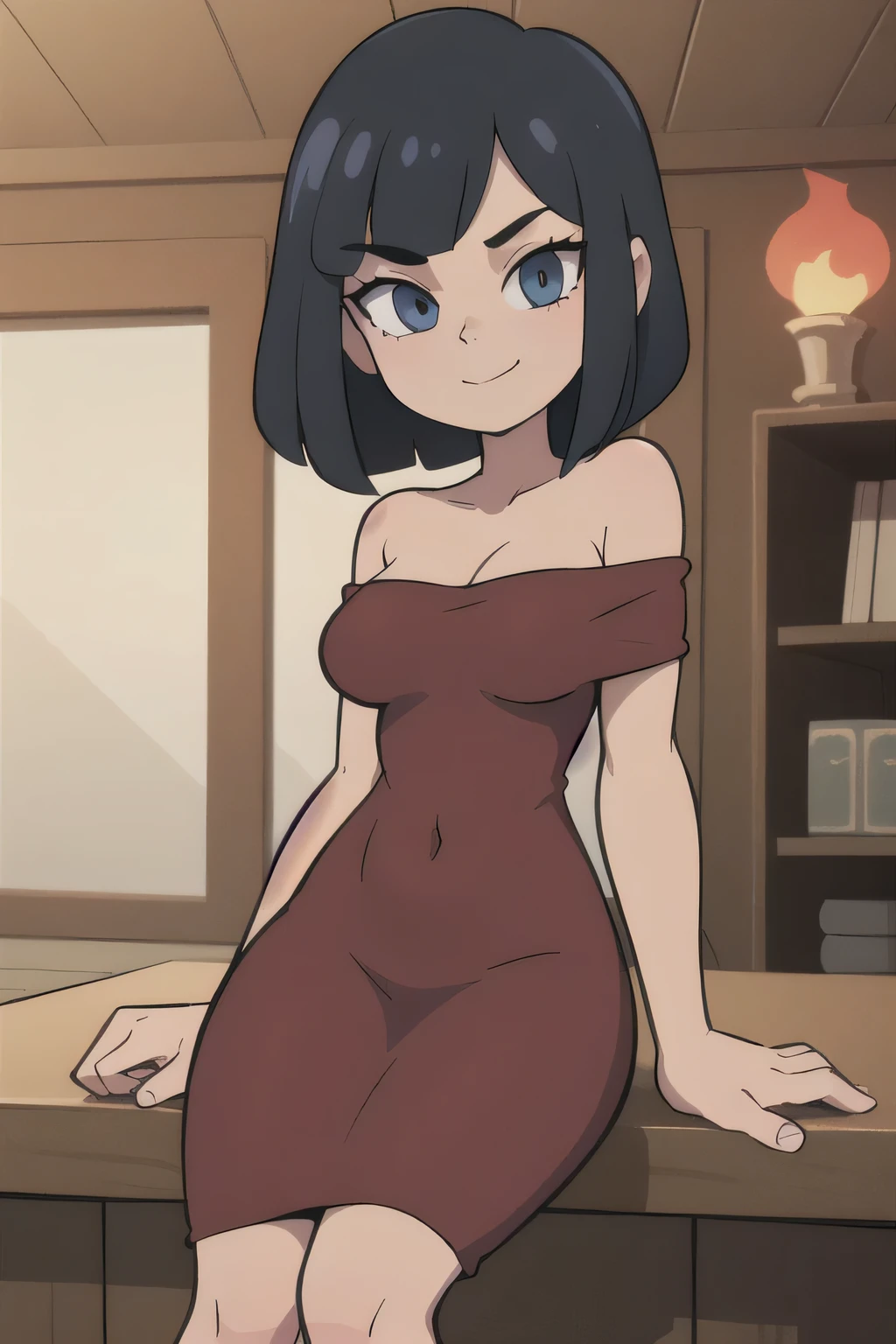 ((best quality)), ((masterpiece)), (detailed), perfect face, 1 girl, solo, teenager, black hair, bob cut, bob hair, blue eyes, smile, in a flamenco dress, off the shoulder dress, red dress, a longer body, teenager, bare shoulders, large chest, sexy sitting pose, and being so beautiful, room background, with candles burning on the floor, in 2D illustration, 2D art style,