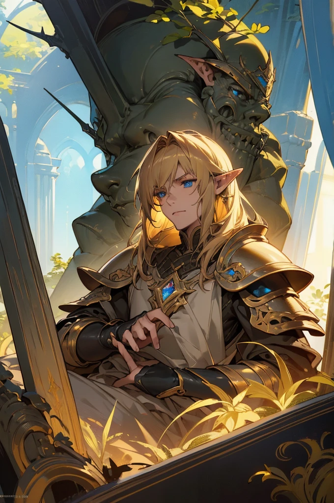 masterpiece, best quality, ultra high resolution, 1man, elven armor, male, fantasy illustration, elf, pointy ears, (old man), art by Kinema Citrus, (dark blonde hair), blue eyes, wrinkles, brownish blonde hair, perfect eyes