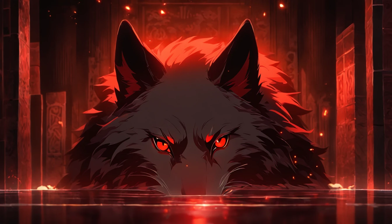 Red Wolf,The whites of the eyes are black,Pupil red,许多只Red Wolf的插图,8equal,Lights and reflections, heavily clouded, Architecture of medieval Europe, Glazed tiles,moonlight