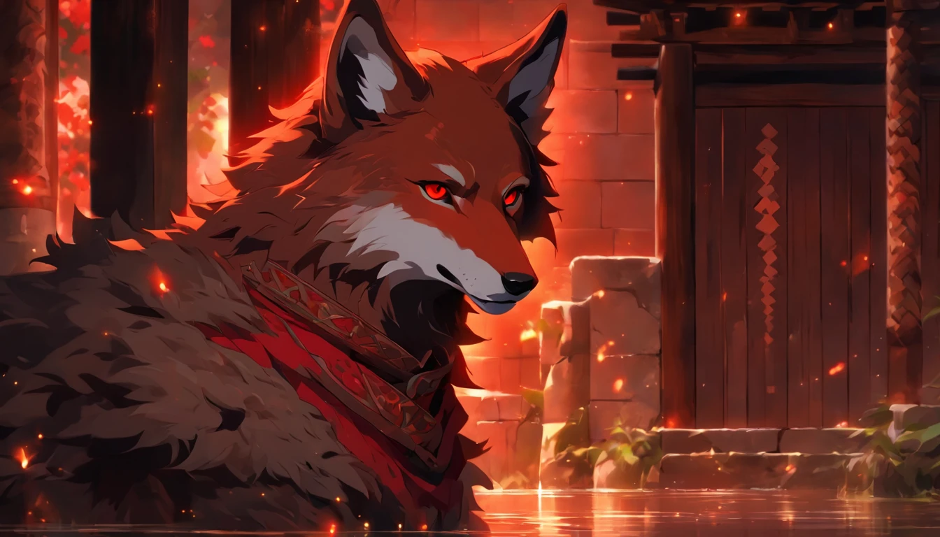 Red Wolf，The whites of the eyes are black，Pupil red，许多只Red Wolf的插图,８equal,Lights and reflections, heavily clouded, Architecture of medieval Europe, Glazed tiles,moonlight