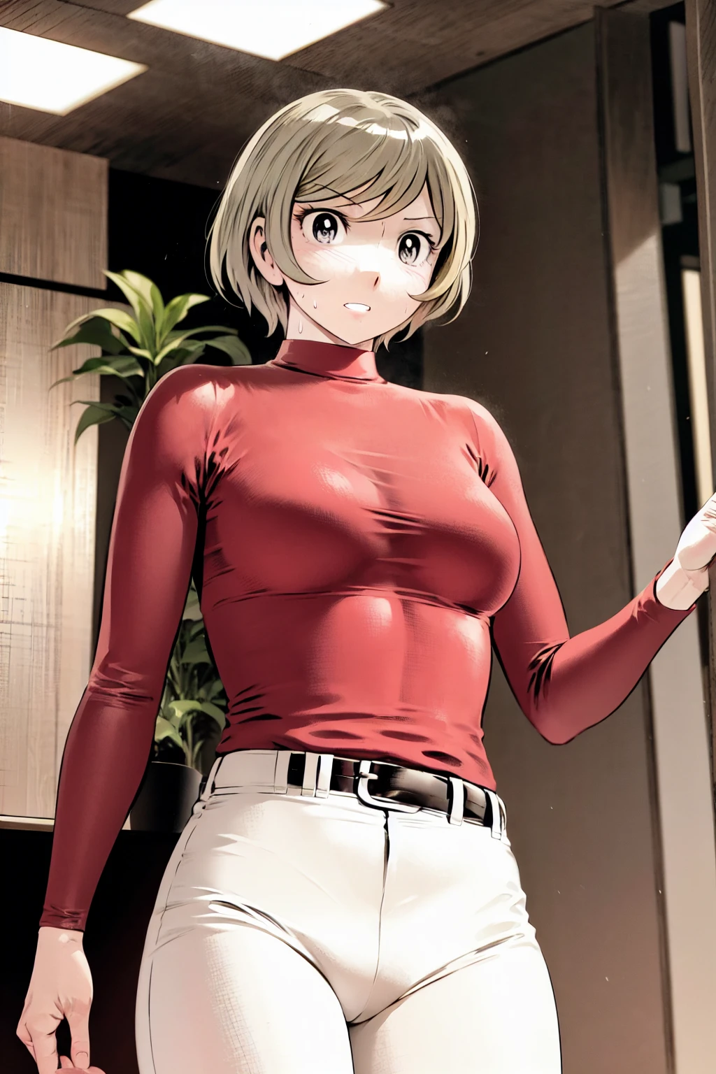 、(masterpiece、Highest quality)、Highest quality, Ultra-high resolution, (((masterpiece))), alone, Sweat、Big eyes,Tight black shirt、Tight white pants、belt、indoor、Composition from the front、（Cut the back hair short、short hair、blonde、woman）、Shortcuts、Embarrassed face、Cut your hair short、可愛いwomanの子、Big Breasts、office
