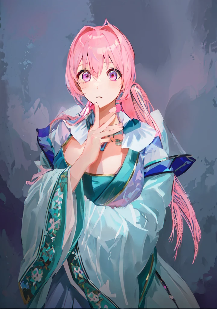 Pink Hair、Anime girl in blue dress poses for photo, Pink ponytail hair and pink eyes, Produced in collaboration with Anime Painter Studio, In the anime painter studio, Portrait of the Knights of the Zodiac,  Sonison，超级Sonison，Celluloid