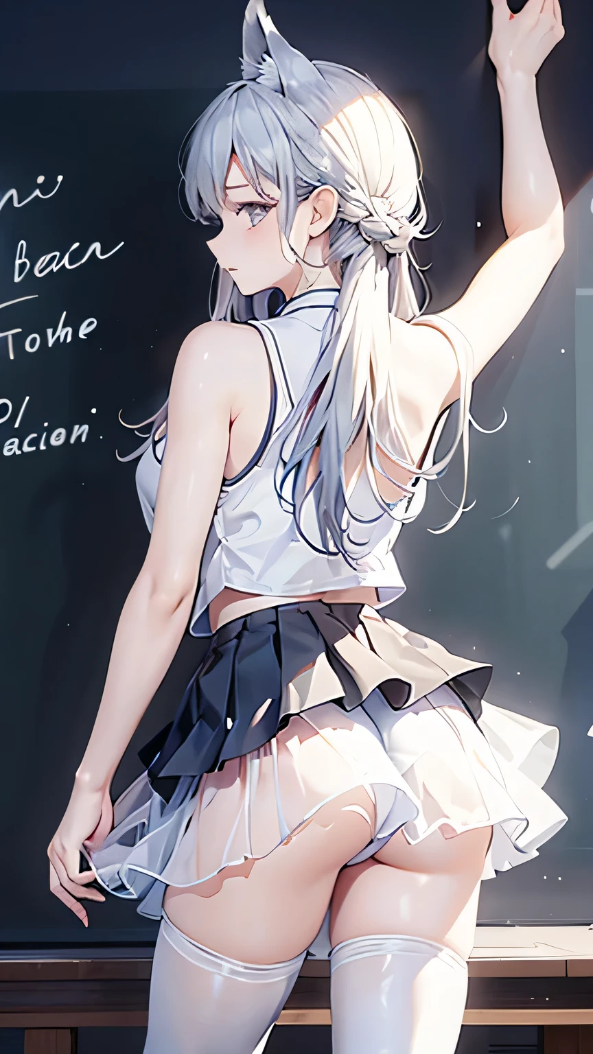 Hips,Beautiful back,Standing in front of the blackboard and writing,Fox Teacher,Translucent school uniform,Long hair,Added a little flexibility,Rich in layers,Soaked,White pantyhose,Sleeveless shoulderless,Big