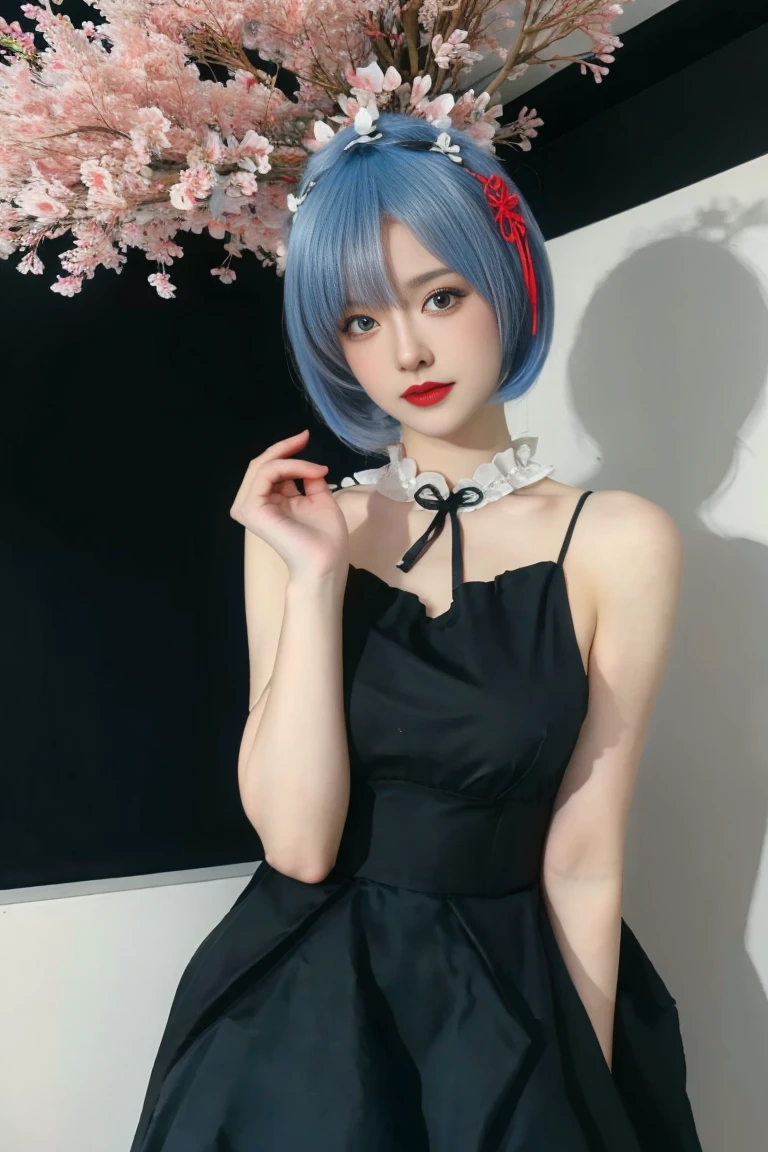 best quality, tmasterpiece,Ultra-high resolution,Clear face,(Reality:1.4),ferpect lighting,(upper body:1.3), (photorealistic:1.50), anime wallpaper, Guviz style artwork, cover-up fantasy up to magic , by Yang J, Guviz, beautiful artwork illustration, beautiful digital artwork, beautiful digital illustration, Li Song, beautiful anime portrait, art style in Beauvot, black nightgown, see-through, yinziping,1girl, 独奏, (blue hair:1.5), short hair, hair ornament, hair ribbon, anklet, dress, black hair, standing, (Chinese dress:1.3), black dress, Hanfu, cheongsam, outdoor, Trees, cherry blossoms falling,