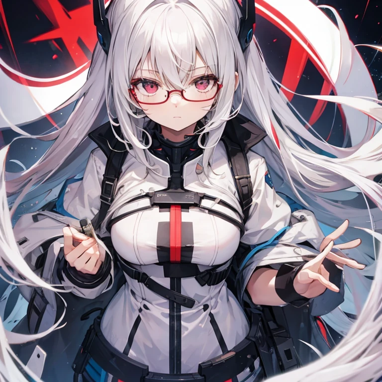 Super delicate white-haired cute girl 1 girl, Small Breasts, Long hair, curls, Red Eye, Wearing glasses , Researcher ,experiment equipment