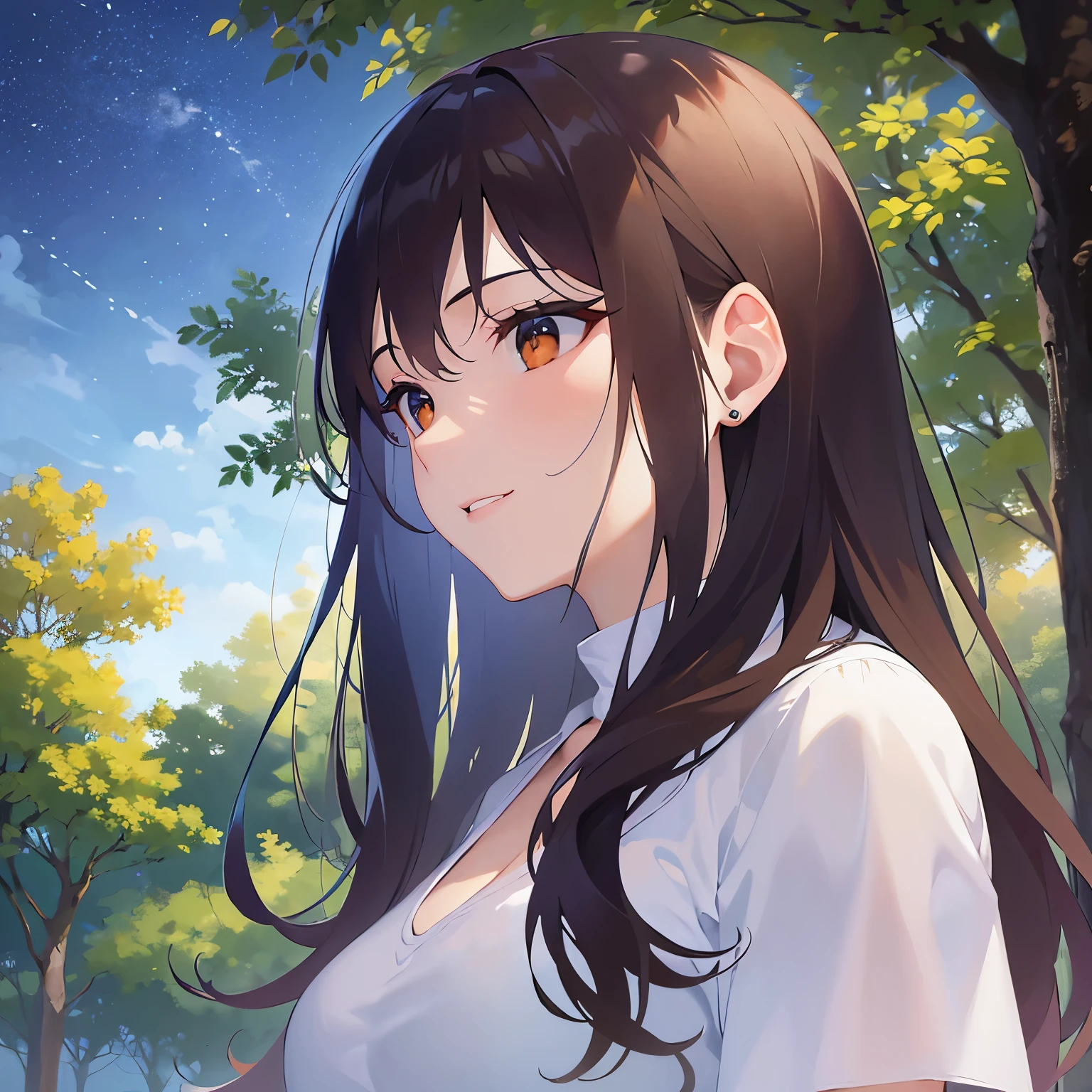 look far away,upper body,profile、
Realistic, real person, (pale skin: 1.2), RAW photo, photorealistic, shiny skin, shiny hair、
(A 25-year-old woman with medium-length hair and bangs) and (wavy hair) and (brown hair) and (Orange Eyes)、(white) and (T-Shirts)、(Cleavage:1.5)、
smile,Midnight in the Park、Night Sky