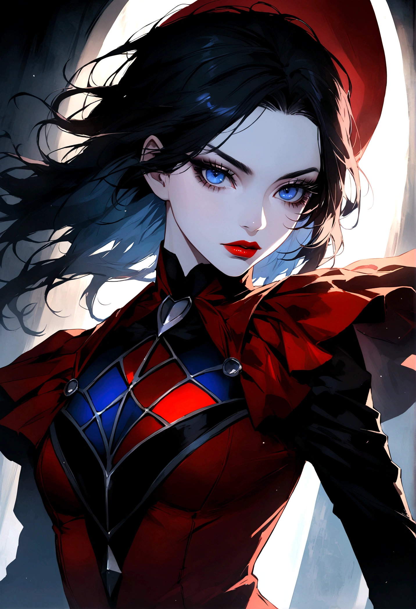 Marvel Conical Panel, adolescent, fair and pale skin, blue colored eyes , Bblack hair hasta los hombros, long eyelashes, Black and red superhero costume, eyeliner, Red lips, Bblack hair, Gothic
