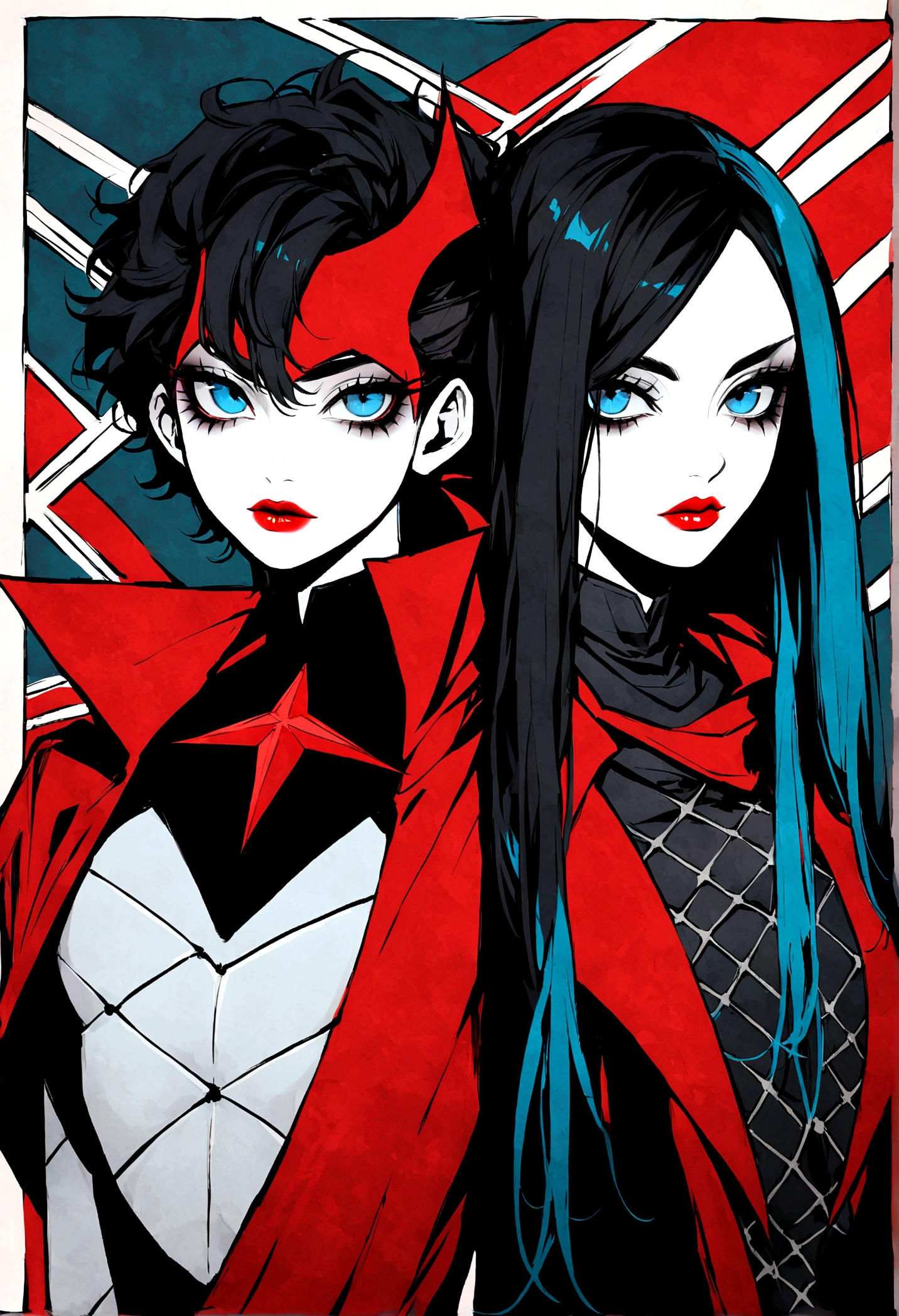 Marvel Conical Panel, adolescent, fair and pale skin, blue colored eyes , Bblack hair hasta los hombros, long eyelashes, Black and red superhero costume, eyeliner, Red lips, Bblack hair, Gothic