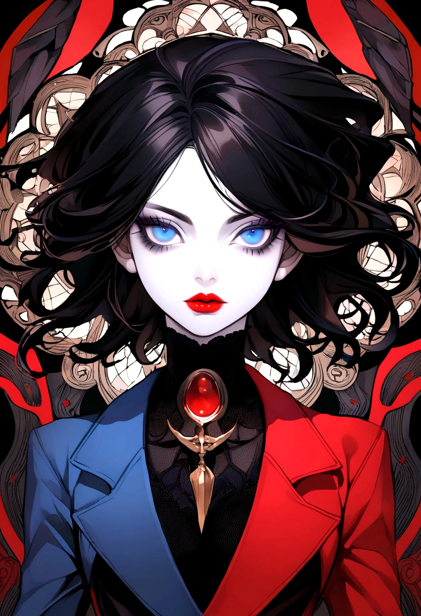 Marvel Conical Panel, adolescent, fair and pale skin, blue colored eyes , Bblack hair hasta los hombros, long eyelashes, Black and red superhero costume, eyeliner, Red lips, Bblack hair, Gothic
