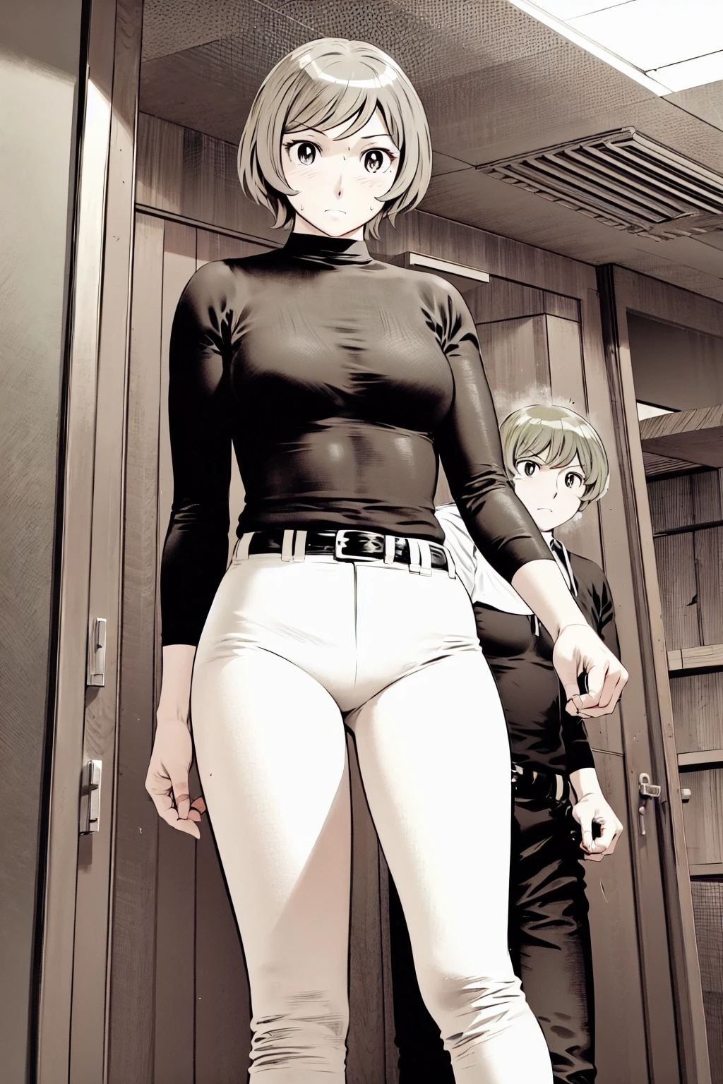 、(masterpiece、Highest quality)、Highest quality, Ultra-high resolution, (((masterpiece))), alone, Sweat、Big eyes,Tight black shirt、Tight white pants、belt、indoor、Composition from the front、(Cut the back hair short、short hair、blonde、woman)、Shortcuts、Embarrassed face、Cut your hair short、可愛いwomanの子、Big Breasts、office