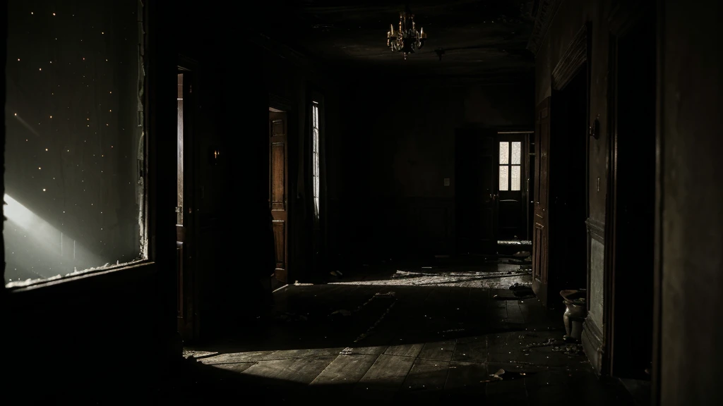 A lone, eerie villa standing in the middle of a dark, dense forest. The villa is old and covered in moss, with cracked walls and flickering lights. The atmosphere is damp and slightly putrid, with a cold wind blowing. Inside the villa, focus on a long, dimly lit corridor with shadows dancing on the walls. A young woman, Sisy, is shown standing in front of room 668, looking frightened and reaching for her fallen ring on the floor. The room behind her has a ghostly figure of a woman with hateful, angry eyes. The ghost is faintly visible, adding a sense of dread and horror. The scene should be dark, dramatic, and suspenseful, capturing the eerie and haunted atmosphere of the villa