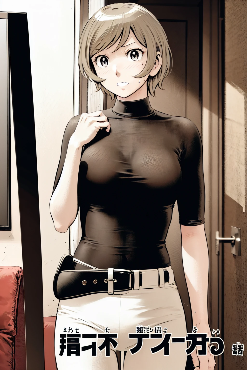 、(masterpiece、Highest quality)、Highest quality, Ultra-high resolution, (((masterpiece))), alone, Sweat、Big eyes,Tight black shirt、Tight white pants、belt、indoor、Composition from the front、(Cut the back hair short、short hair、blonde、woman)、Shortcuts、Embarrassed face、Cut your hair short、可愛いwomanの子、Big Breasts、office