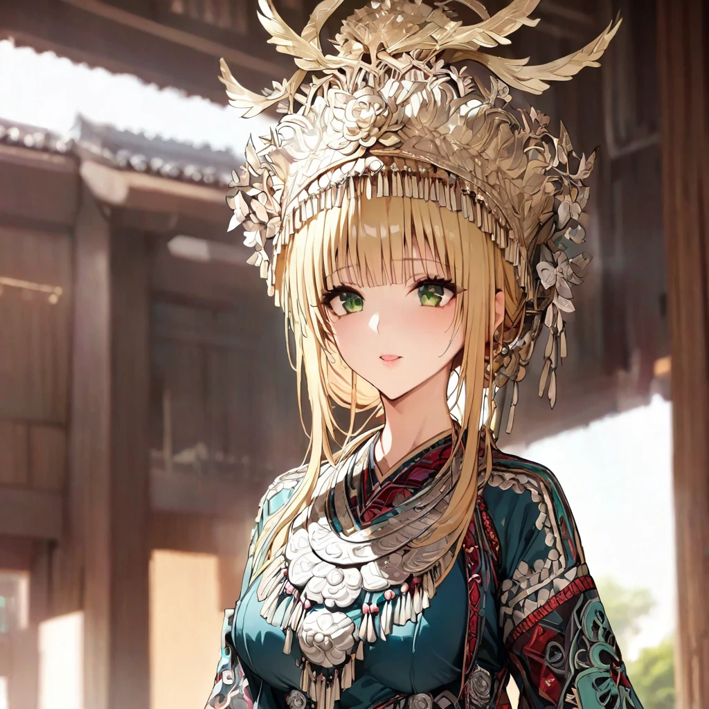 ((Highest quality)), ((masterpiece)), (detailed), (Perfect Face)、The woman is a Tier, with green eyes, medium blonde hair, ethnic medicine and a gorgeous hat.、The whole body is visible