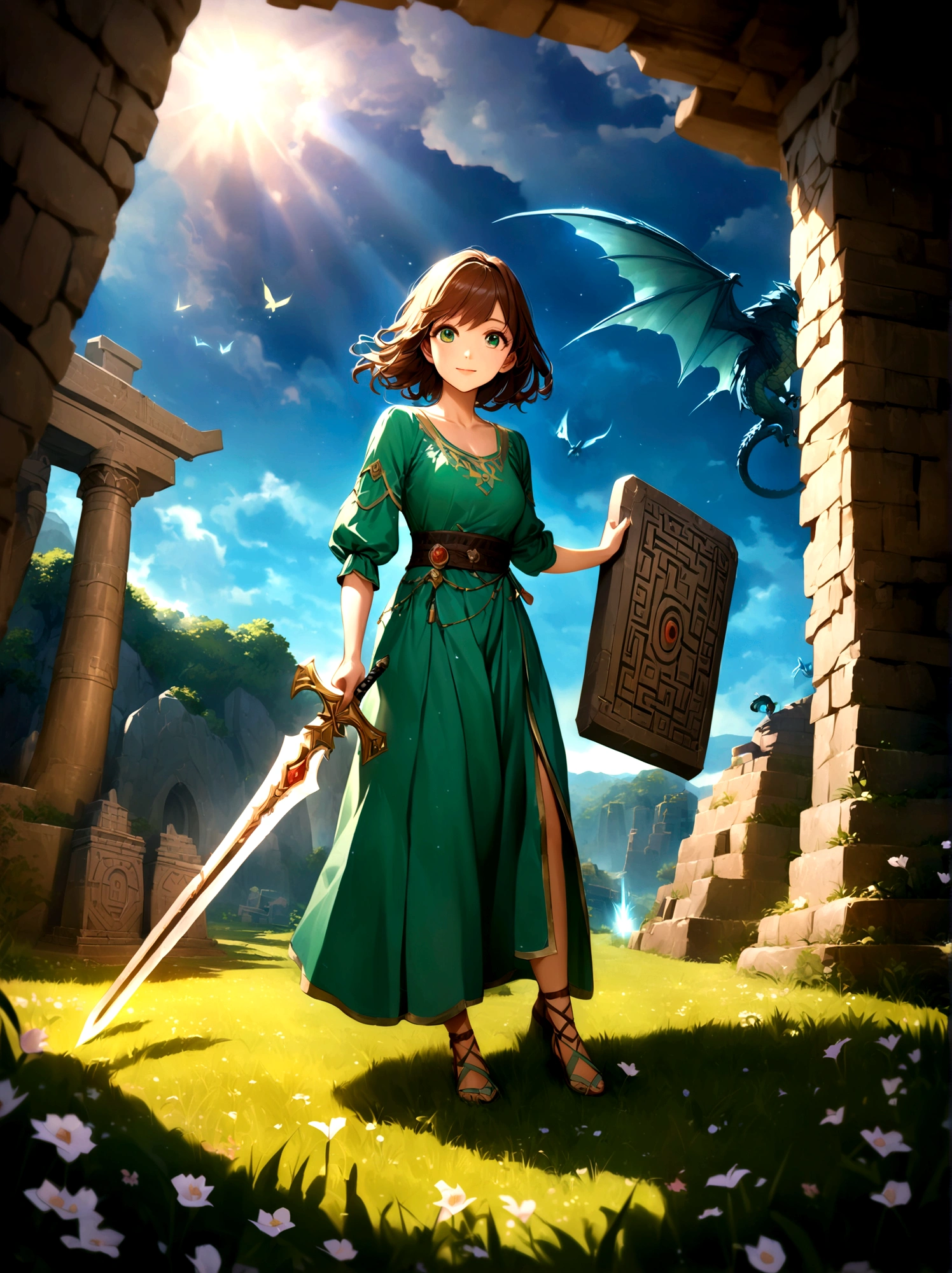 Adventurer princess, (green dress:1.2), short brown hair, big eyes, smiling, holding sword and shield, ancient temple, mysterious maze, mysterious runes, old stone tablet, green grass, (flowers:1.1), magical elements, flying dragon, mysterious creatures, charming scenery, dynamic battle, dreamy atmosphere, outdoor, rich colors, epic scene, fine and delicate light and shadow, evening, sunny, full body, from above, nice hands, perfect hands, 8k, Best quality, photorealistic