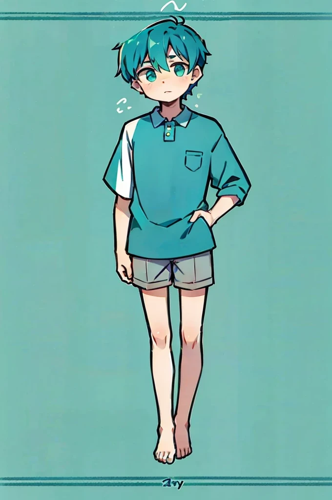 Turquoise green, a boy of eighteen years old, with the same hands and feet, full body, simple background, and horse like features