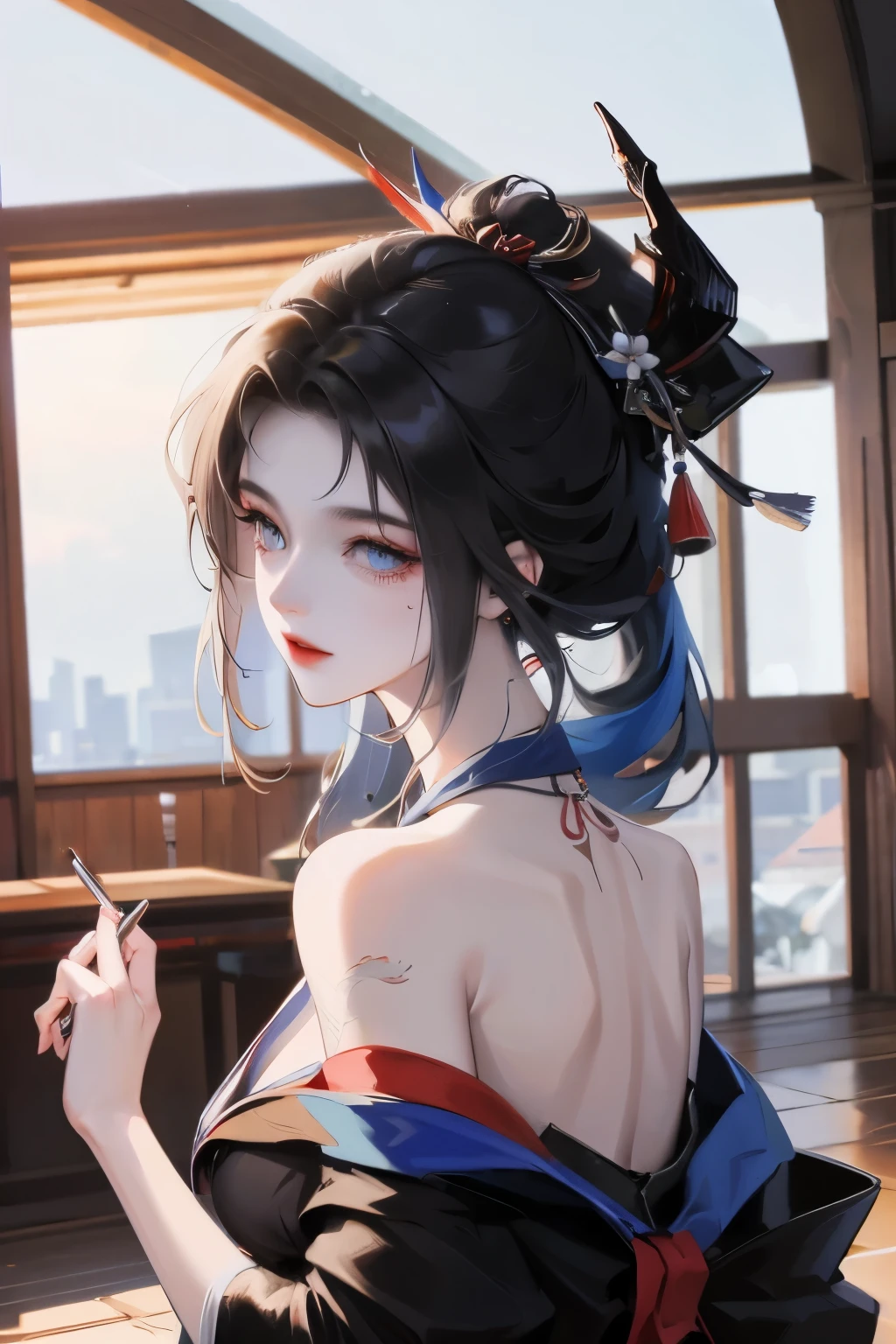 masterpiece, Top quality, best quality, Official Art, beautiful and aesthetic:1.2),1 Girl, Tattoo, Solitary, Japanese clothes, Red and black kimono, Hair accessories, unsheathing, Black Hair, sheath, back Tattoo, dragon Tattoo, blue eyes, Off-shoulder, Bare shoulders, look back, From the back, flower, Looking at the audience, Keep, cosmetic, outdoor,