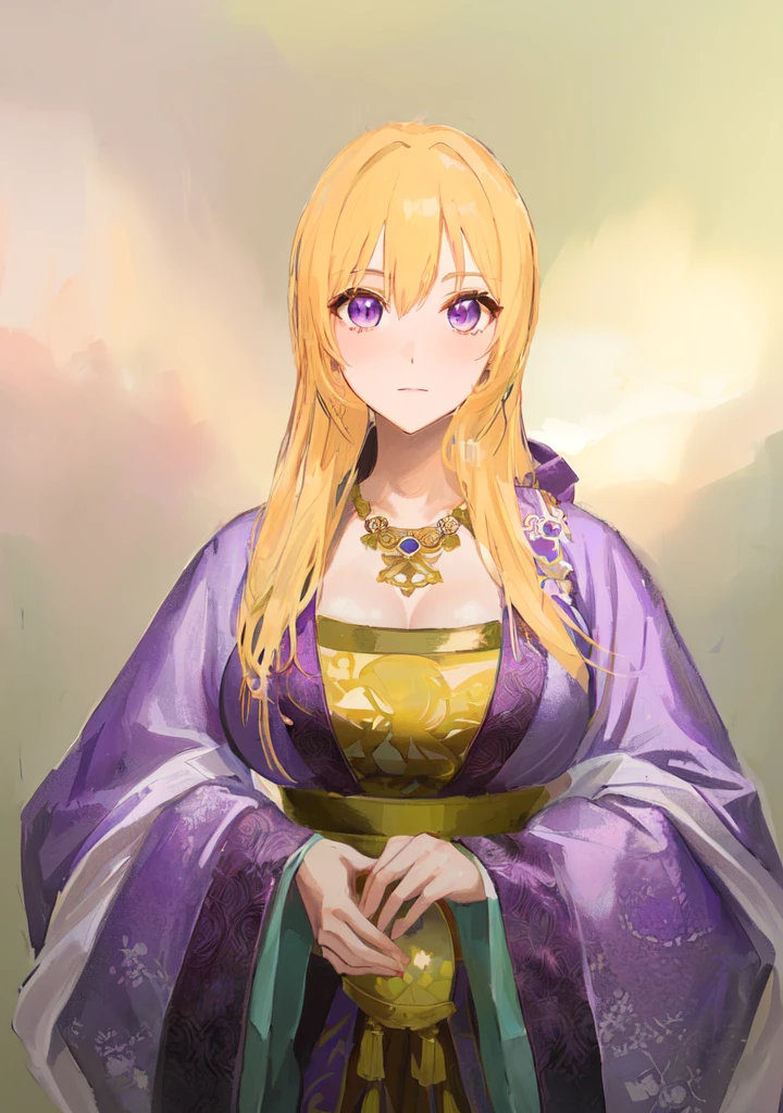 Wearing a purple robe、Cartoon image of a woman holding a bowl, ((Beautiful fantasy queen)), Produced in collaboration with Anime Painter Studio, Anime Goddess, Portrait of the Knights of the Zodiac, elfic priestess, ((Wearing noble robes)), Anime style like fate/overnight, Beautiful fantasy queen, In the anime painter studio，Three Kingdoms，Three Kingdoms志，Chinese style，antiquity，Hanfu，，Huge Breasts，Good shape，Royal sister，Purple Eyes，Celluloid