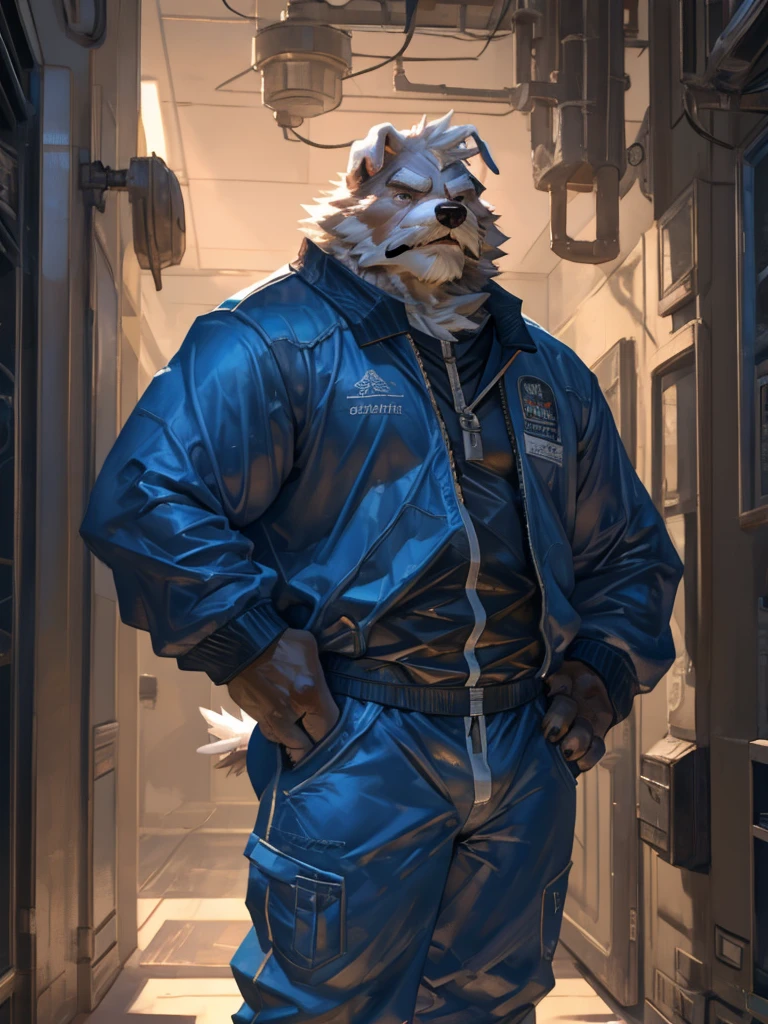 By Taran Fiddler, one man, anthro canine (maltese), adult male, elderly, slightly wrinkled face, bushy eyebrows, stern facial expression, grumpy, bushy mustache, slightly short stature, dilf, hands on his hips. standing in a hallway, wearing plain blue track suit, leaning against wall, oil rig, inside