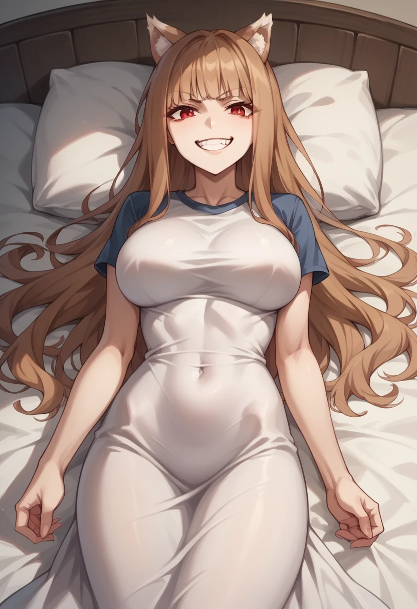 ((masterpiece)), (Highest quality), (detailed), (1 Girl),,Red eyes,Light brown hair、Long Hair、Wolf Ears、,bed、Large Breasts、Grin、T-Shirts(tight)Maxi dress