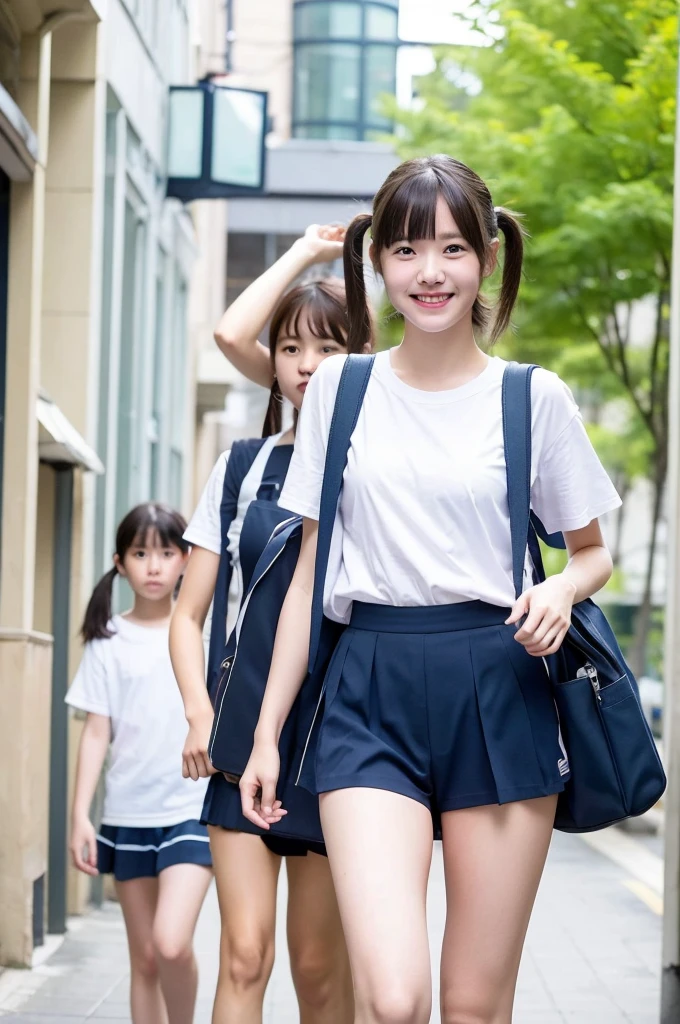 {1 | 2 | 3} girls walking in school street, white school t-shirt with blue trim,navy blue swimming briefs,school bag,18-year-old,bangs,a little smile,thighs,knees,short hair with low pigtails bunches,from below,front light