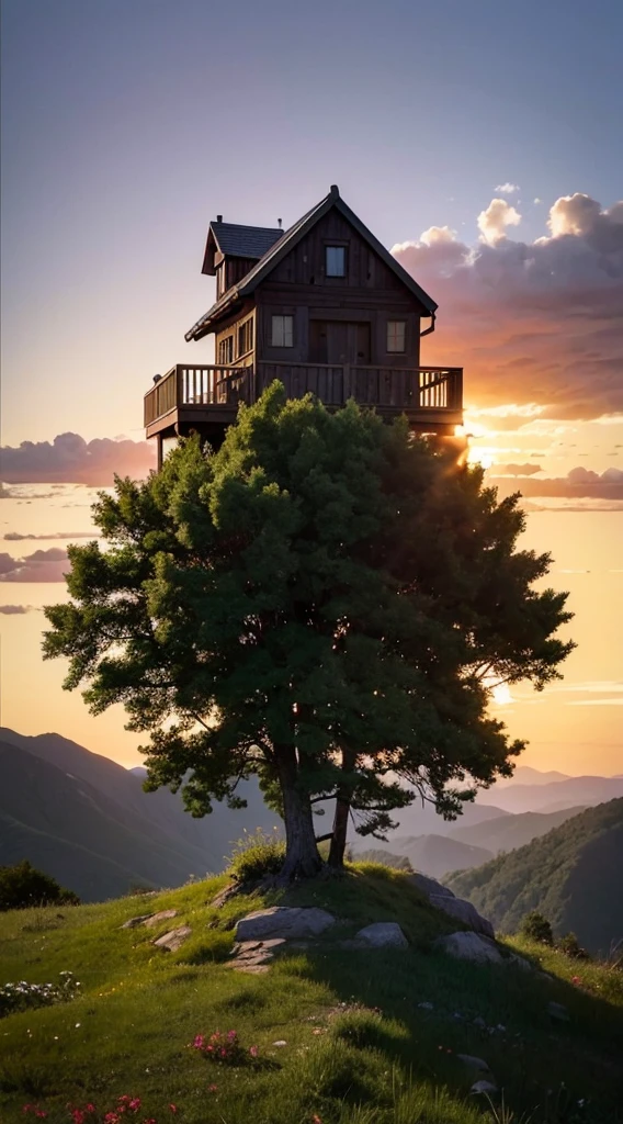 A lonely house on top of a mountain at sunset, Plenty of vegetation, flowers, digitl art