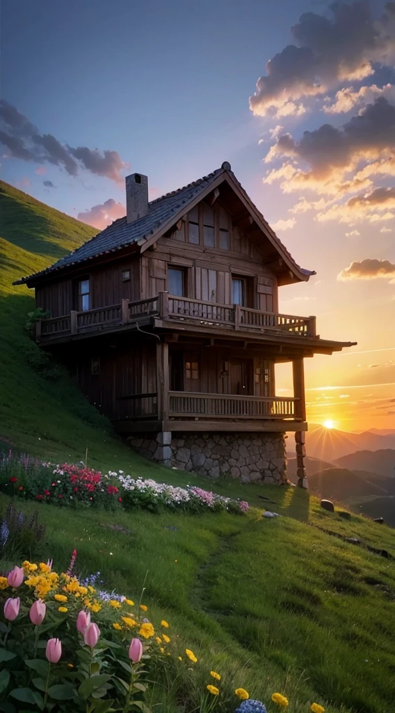 A lonely house on top of a mountain at sunset, Plenty of vegetation, flowers, digitl art