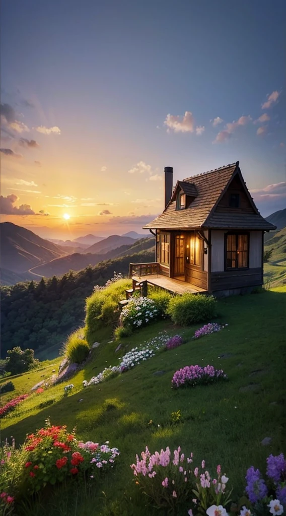 A lonely house on top of a mountain at sunset, Plenty of vegetation, flowers, digitl art