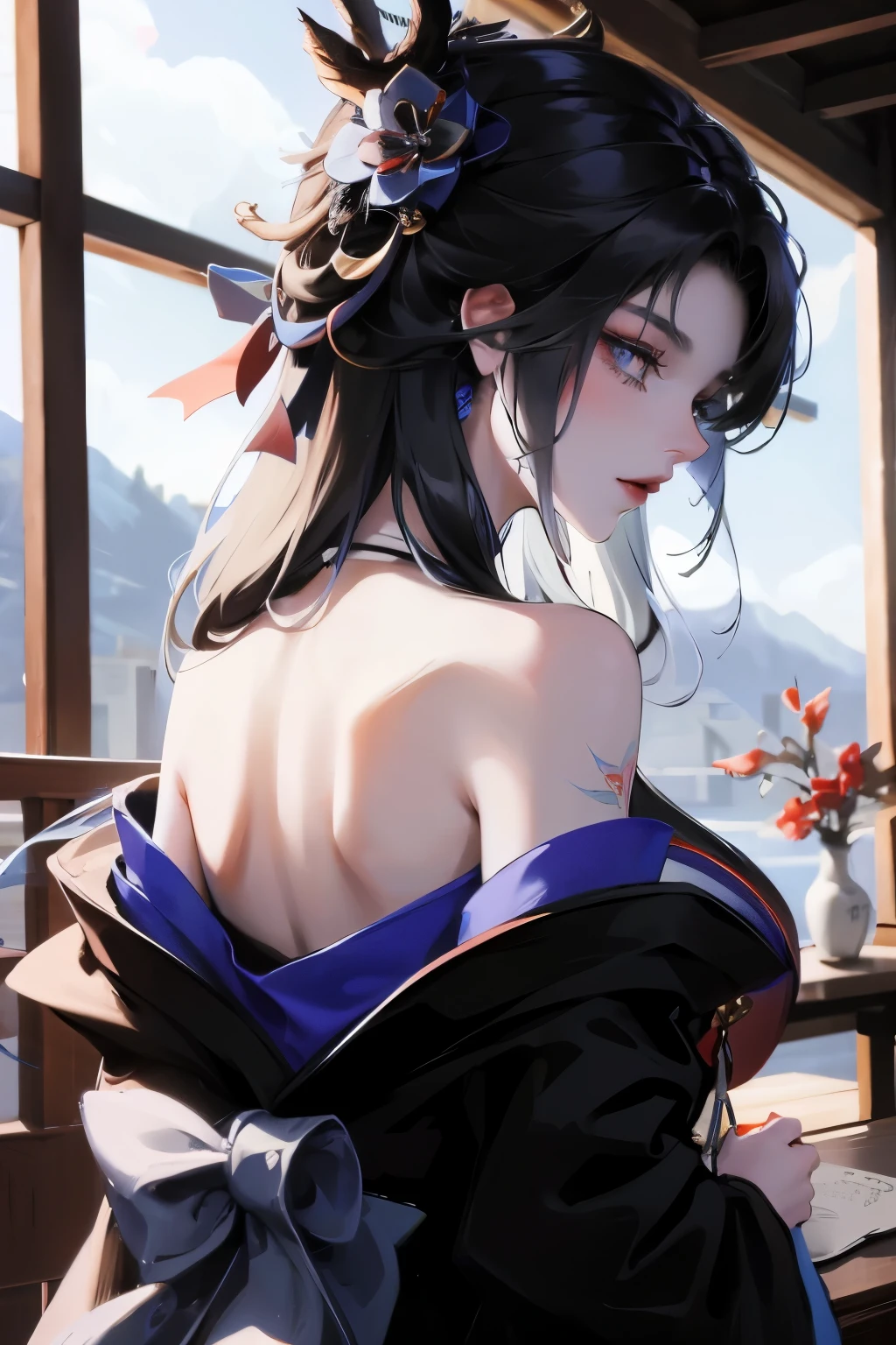 masterpiece, Top quality, best quality, Official Art, beautiful and aesthetic:1.2),1 Girl, Tattoo, Solitary, Japanese clothes, Red and black kimono, Hair accessories, unsheathing, Black Hair, sheath, back Tattoo, dragon Tattoo, blue eyes, Off-shoulder, Bare shoulders, look back, From the back, flower, Looking at the audience, Keep, cosmetic, outdoor,