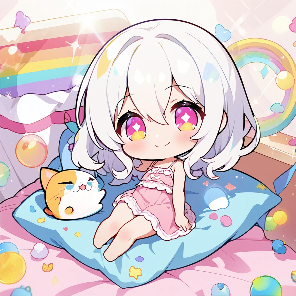masterpiece, best quality, 4k、2D illustration、one beautiful girl、solo、(((chibi style)))、((vivid colors))、cute chibi、lovely chibi、long beautiful hair, glossy white hair, hair between eyes, cute、beautifully detailed eyes、((camisole dresiniskirt))、((colorful))、((happy smile))、sitting on bed、((full body shot))、((kitten)), ((lots of colorful stuff around))、((bed))、sparkle、((lens flare))、