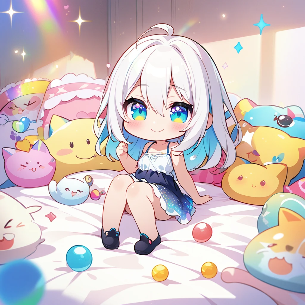 masterpiece, best quality, 4k、2D illustration、one beautiful girl、solo、(((chibi style)))、((vivid colors))、cute chibi、lovely chibi、long beautiful hair, glossy white hair, hair between eyes, cute、beautifully detailed eyes、((camisole dresiniskirt))、((colorful))、((happy smile))、sitting on bed、((full body shot))、((kitten)), ((lots of colorful stuff around))、((bed))、sparkle、((lens flare))、