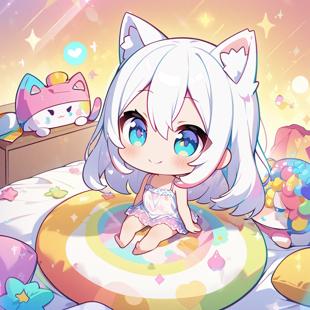 masterpiece, best quality, 4k、2D illustration、one beautiful girl、solo、(((chibi style)))、((vivid colors))、cute chibi、lovely chibi、long beautiful hair, glossy white hair, hair between eyes, cute、beautifully detailed eyes、((camisole dresiniskirt))、((colorful))、((happy smile))、sitting on bed、((full body shot))、((kitten)), ((lots of colorful stuff around))、((bed))、sparkle、((lens flare))、