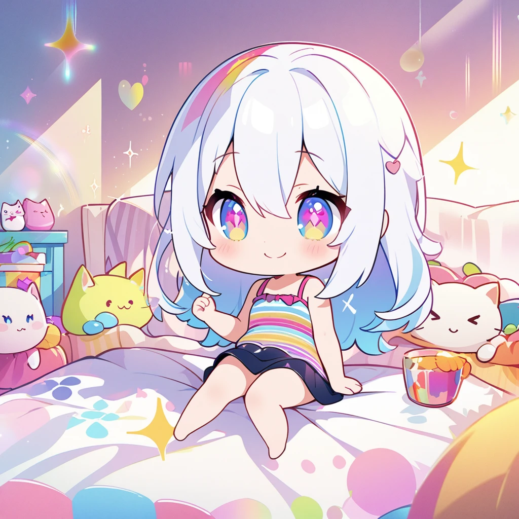 masterpiece, best quality, 4k、2D illustration、one beautiful girl、solo、(((chibi style)))、((vivid colors))、cute chibi、lovely chibi、long beautiful hair, glossy white hair, hair between eyes, cute、beautifully detailed eyes、((camisole dresiniskirt))、((colorful))、((happy smile))、sitting on bed、((full body shot))、((kitten)), ((lots of colorful stuff around))、((bed))、sparkle、((lens flare))、