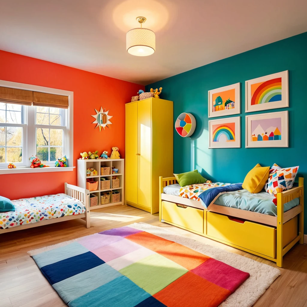 inside of a small childs toyroom, there is a bed with a colorful comforter, painted walls, radiant evening light
