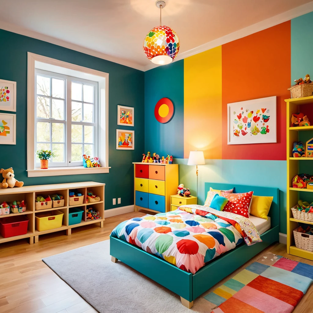 inside of a small childs toyroom, there is a bed with a colorful comforter, painted walls, radiant evening light
