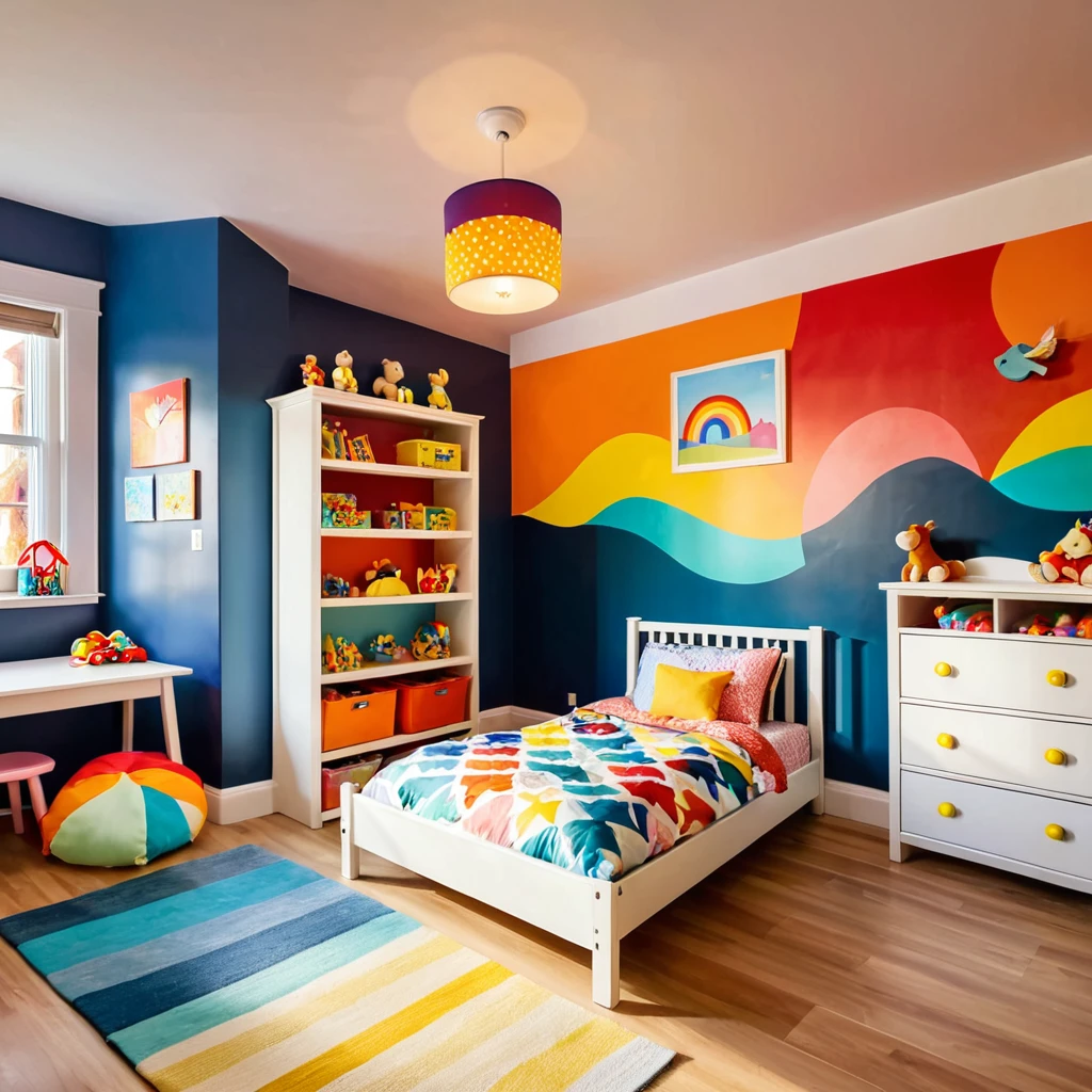 inside of a small childs toyroom, there is a bed with a colorful comforter, painted walls, radiant evening light