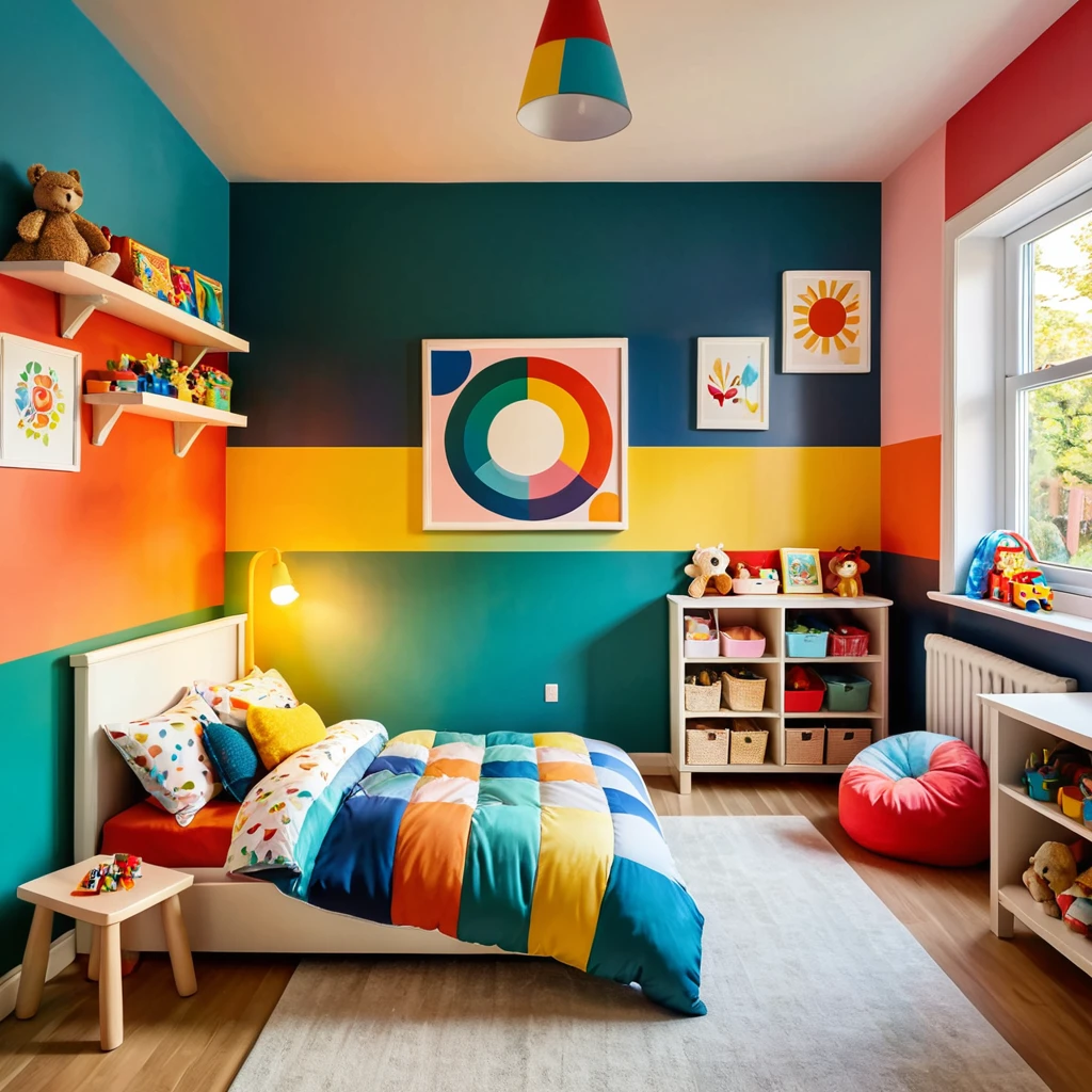 inside of a small childs toyroom, there is a bed with a colorful comforter, painted walls, radiant evening light