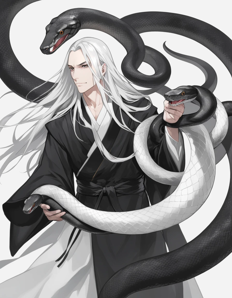A man with long white hair hovering over two black and white snakes.