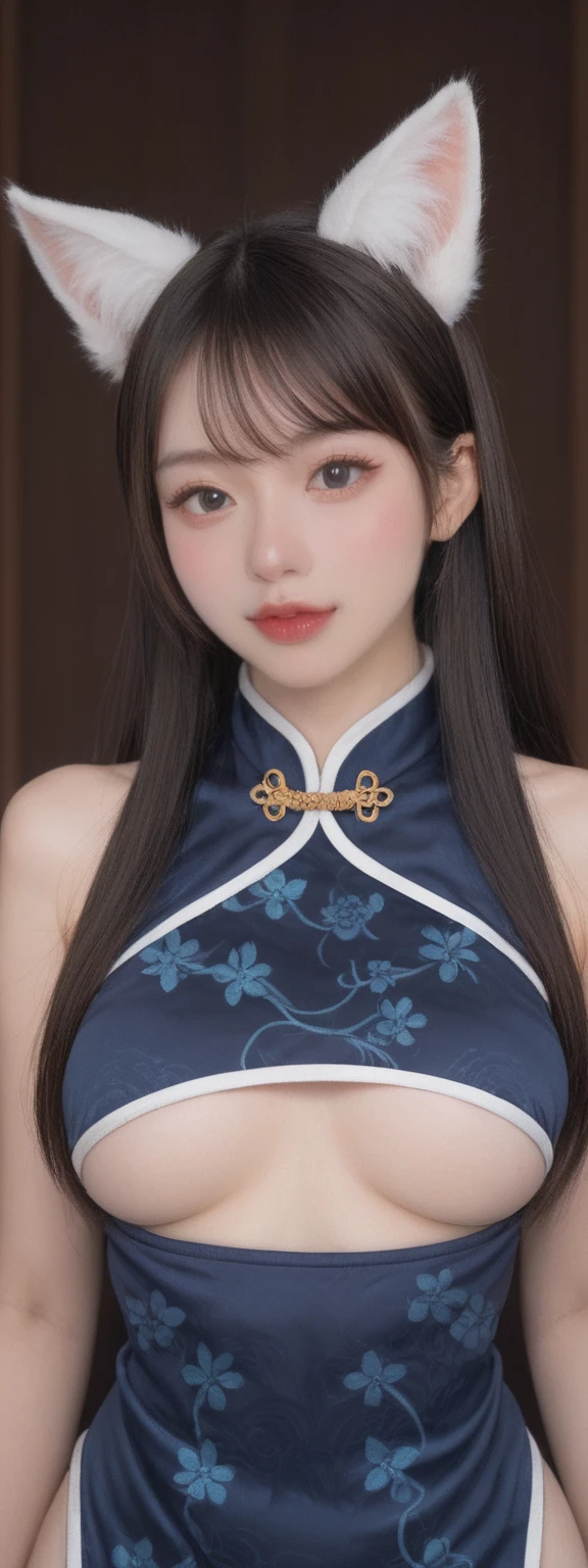 realistic,score_9, score_8_up, score_7_up,
1girl, (upper body:1.5), solo, long hair, gloves, dress, animal ears, chinese clothes, china dress, from front, UnderBoob,