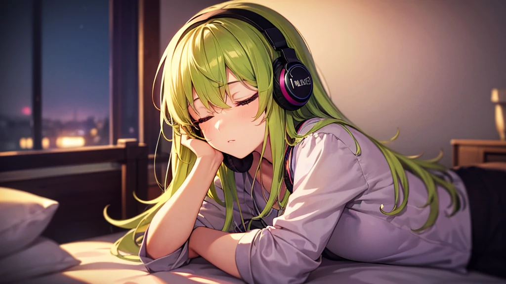 Highest quality, 8K, 4K, High resolution, High Contrast, The upper body is visible,1girl,only,Beautiful yellow-green hair,Long Hair,(Beautifully detailed face),20generation, sleeping face, Staying at home, Bedroom, night, nightwear, Headphones